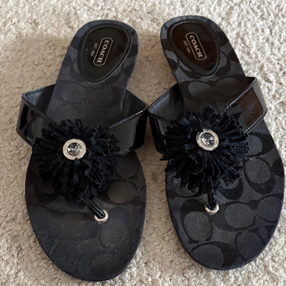 Coach Black Floral Embellished Sandals